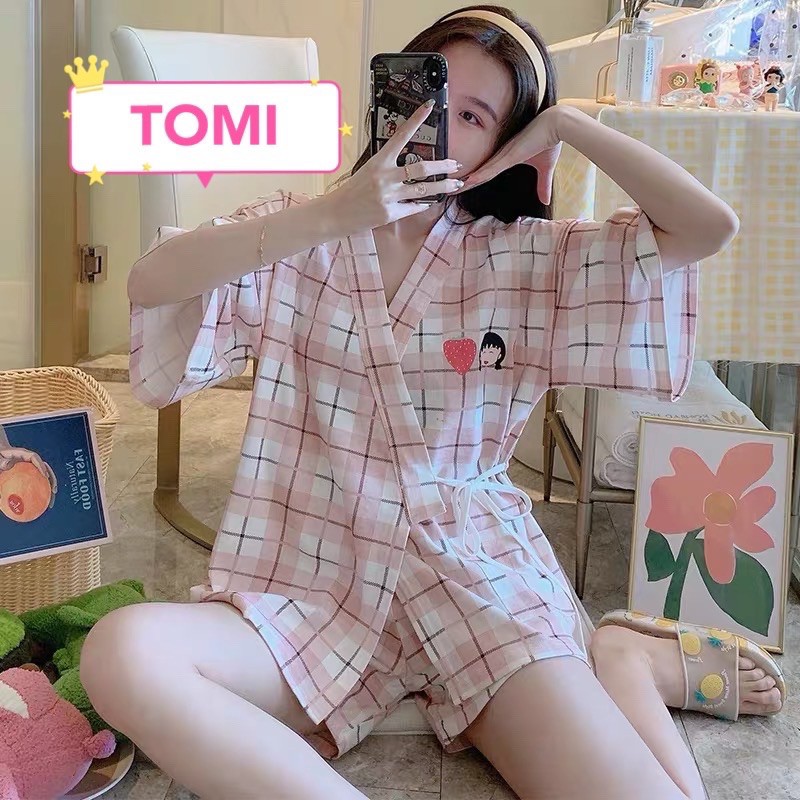 Đồ bộ nữ, bộ pijama nữ ngắn tay kẻ hồng buộc dây - TOMI BOUTIQUE | BigBuy360 - bigbuy360.vn