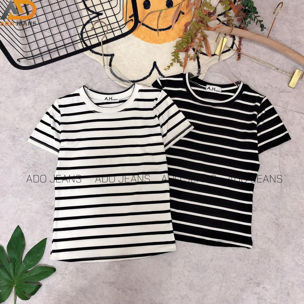 Áo thun nữ ADO JEANS cổ tròn tay ngắn, kẻ sọc ngang dáng ôm nhẹ, vải Cotton co dãn mềm mịn cao cấp
