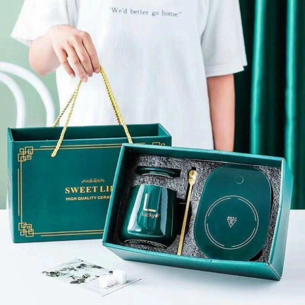 ✔️Cốc Hâm Nóng đồ uống kèm đế điện, Bộ ly sứ kèm đế điện hâm nóng trà, cafe, hâm sữa+Tặng kèm thìa vàng, hộp sang trọng
