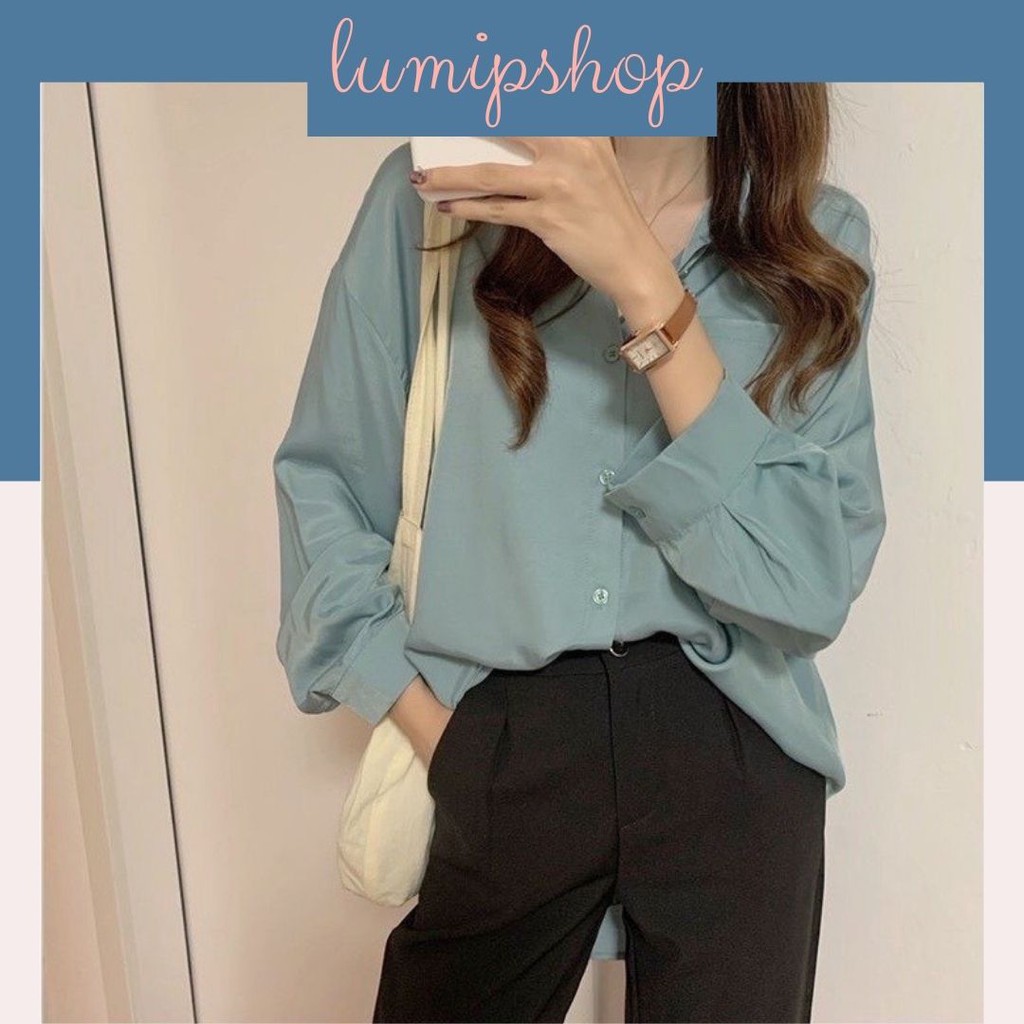 Áo Sơ Mi Nữ Dài Tay Cổ Polo Dáng Suông Chất Lụa Hàn Thoáng Mát AM220