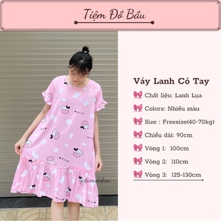 Váy bầu LANH LỤA mặc nhà tay cộc mùa hè đuôi cá rộng mát nhiều màu giá rẻ