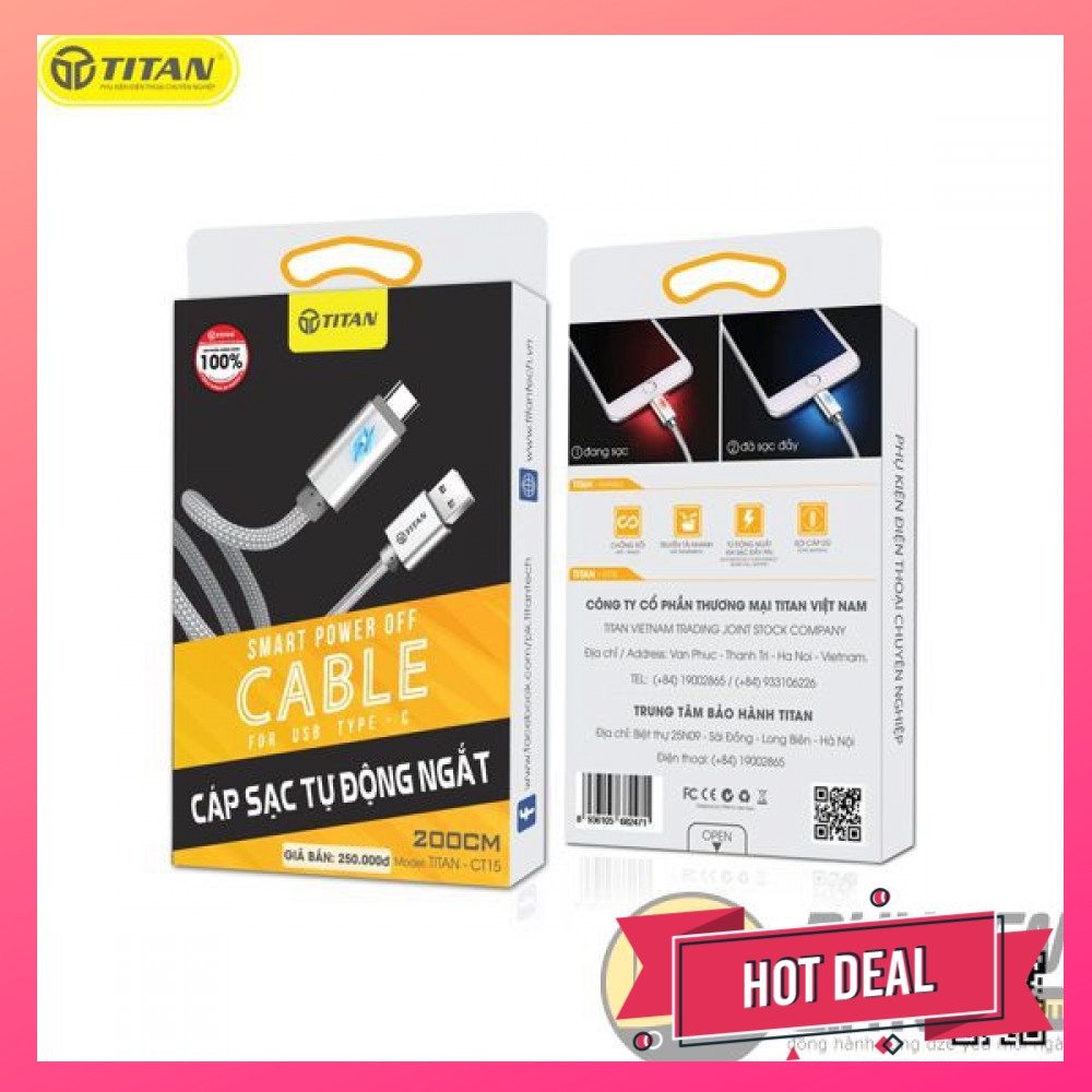 006841 - TP - Cáp đèn LED tự ngắt TYPE C 200cm TITAN CT15 - Vàng - VTL
