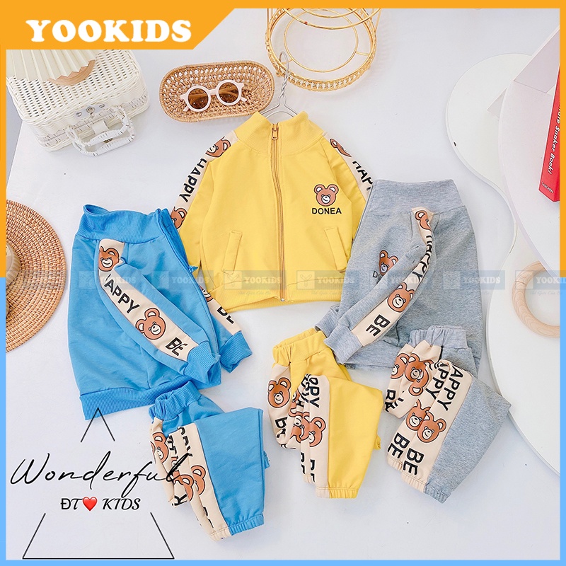 Bộ thu đông cho bé YOOKIDS khóa kéo chất da cá mềm ấm in hình gấu siêu xinh, Quần áo thu đông cho bé  1 2 3 4 tuổi