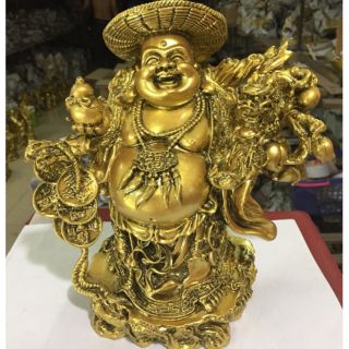 Tượng đá ông Di Lặc đội nón sơn nhũ đồng D13