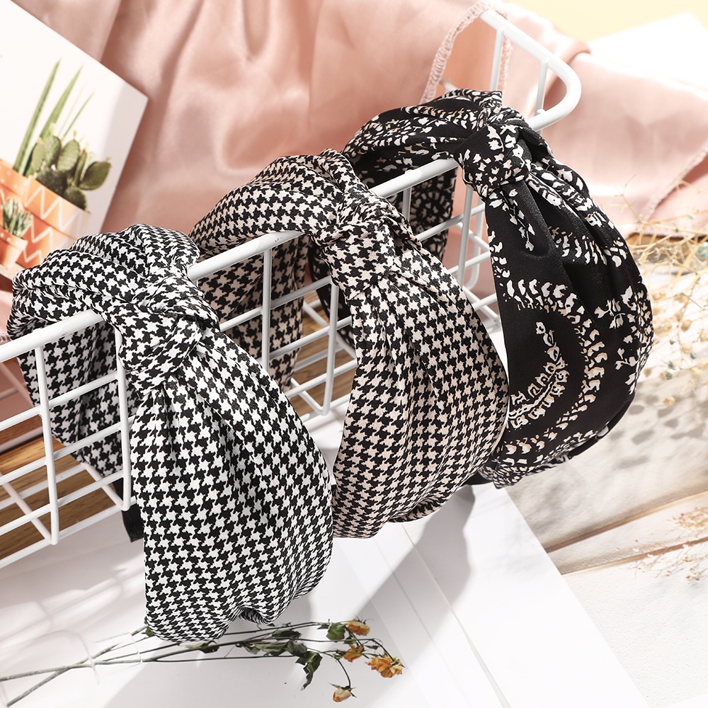 Băng đô cài tóc CHLINS bản rộng phối vải thắt nút họa tiết kẻ sọc thời trang dành cho nữ