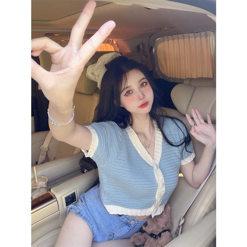 Áo Dệt Kim Ngắn Cổ Chữ V Thời Trang Hàn Quốc Cho Nữ