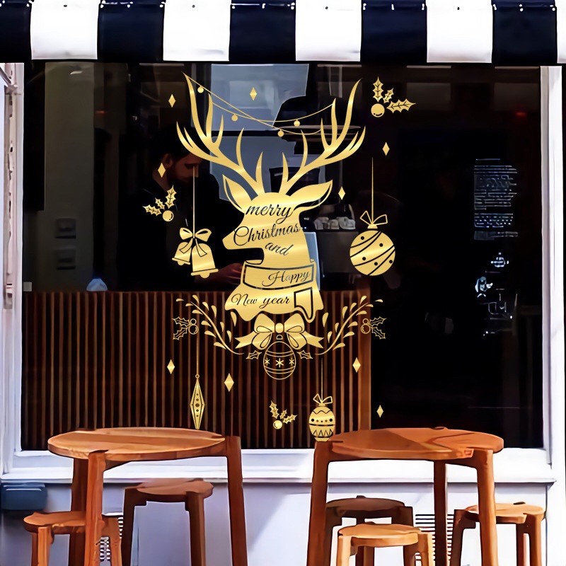 Decal trang trí Noel - Đầu Nai treo châu nhũ ánh vàng cao cấp