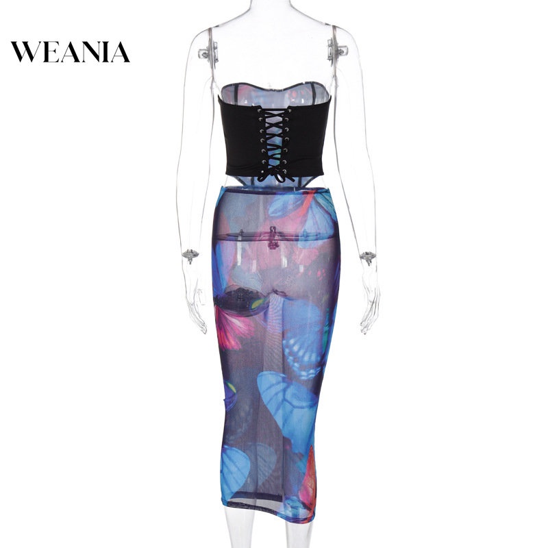 Set Đồ 2 Món Gồm Áo Ống Và Chân Váy Lưới Xuyên Thấu In Họa Tiết Bướm Cho Nữ