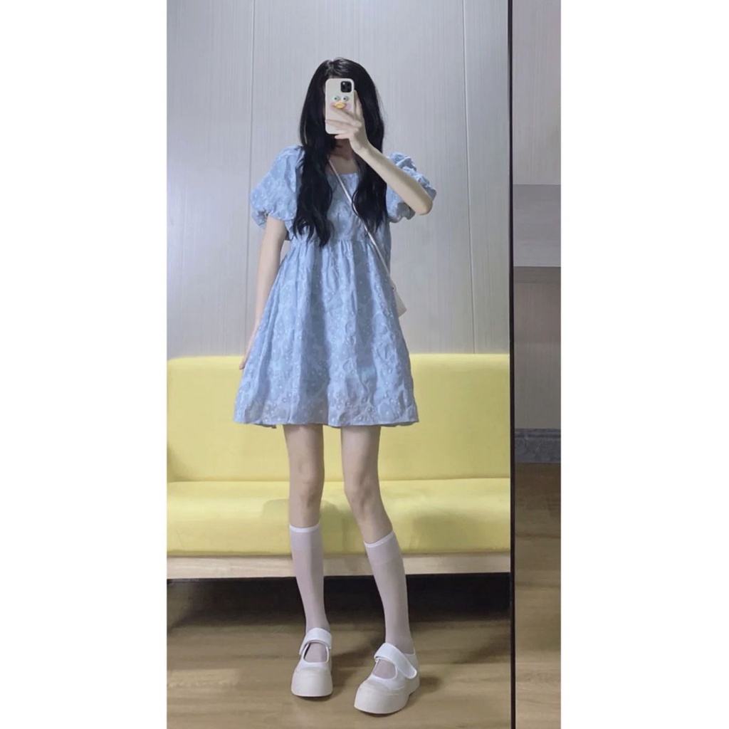 🎀váy babydoll Đầm Công Chúa Tay Phồng Cổ Vuông Màu Xanh Dương Ngọt Ngào Thời Trang Mùa Hè 2022 Phong Cách Mới Cho Nữ
