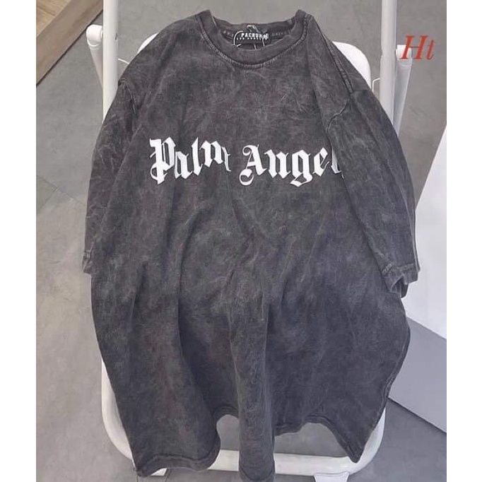 áo thun tay lỡ loang màu đen Vân đá wash palm angel