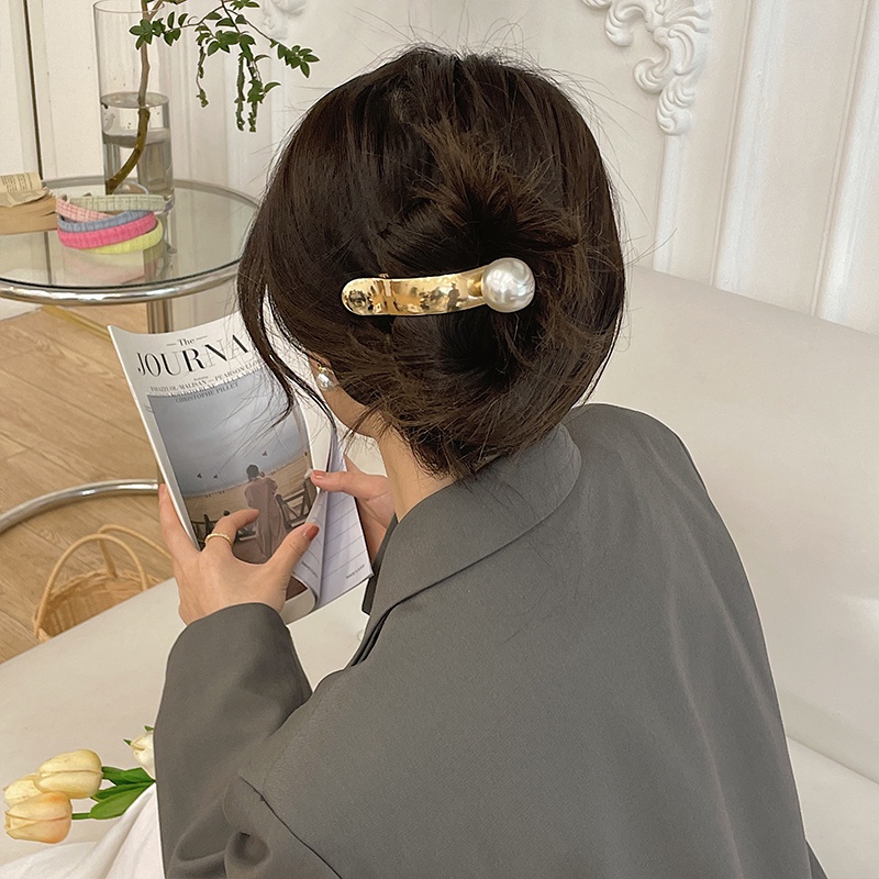 Kẹp Tóc Mỏ Vịt Bằng Kim Loại Cỡ Lớn Đính Ngọc Trai Cao Cấp Kiểu Pháp