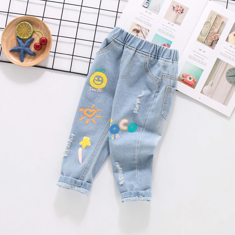 Quần jeans dài họa tiết nhiều màu sắc mẫu 2021 thời trang mùa xuân dành cho bé gái