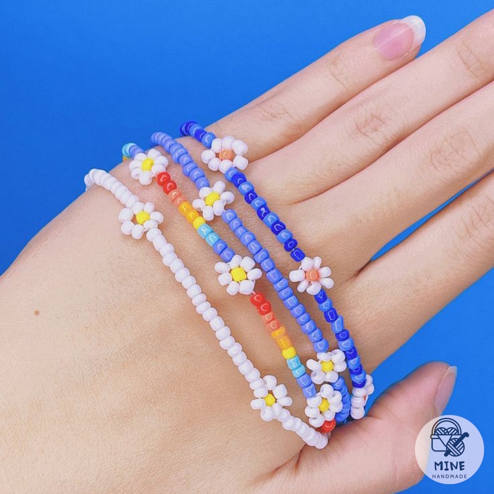 Vòng tay chuỗi hạt cườm hoa cúc, mặt cười nhiều màu đơn giản thời trang Vòng tay cầu vồng dễ thương