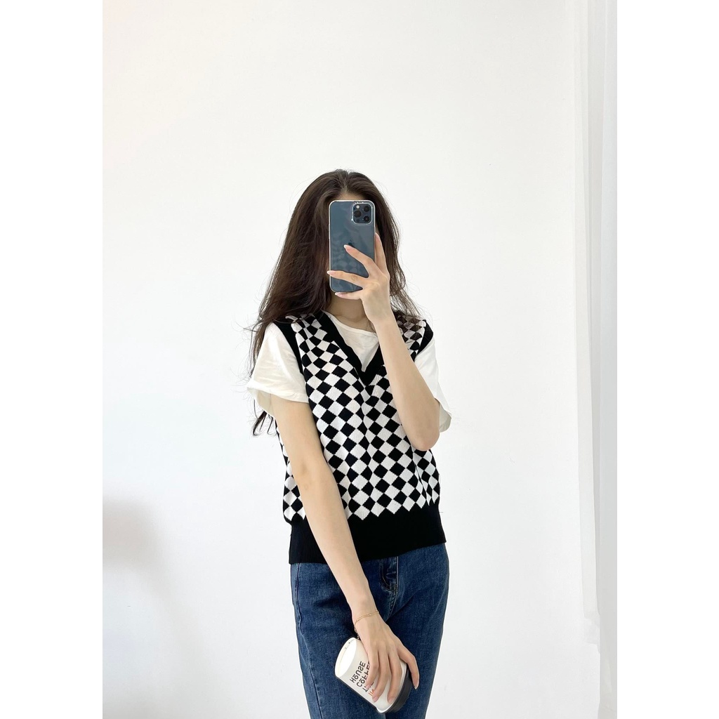 (FREESHIP) Áo gile kẻ caro trắng đen dáng ngắn hàng quảng châu