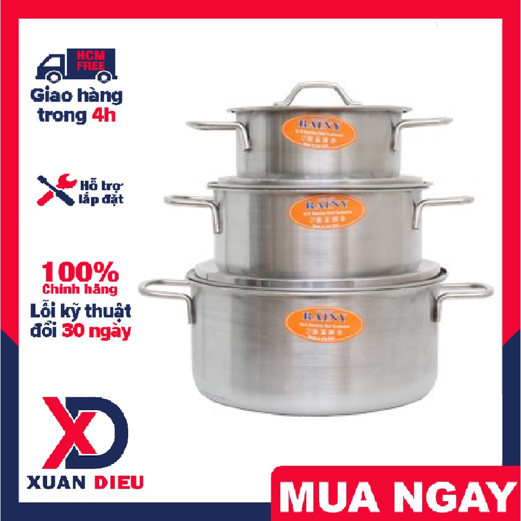 Bộ nồi inox 1 đáy Rainy RN-06TT 16cm, 18cm, 24cm. sử dụng Bếp ga, bếp hồng ngoại