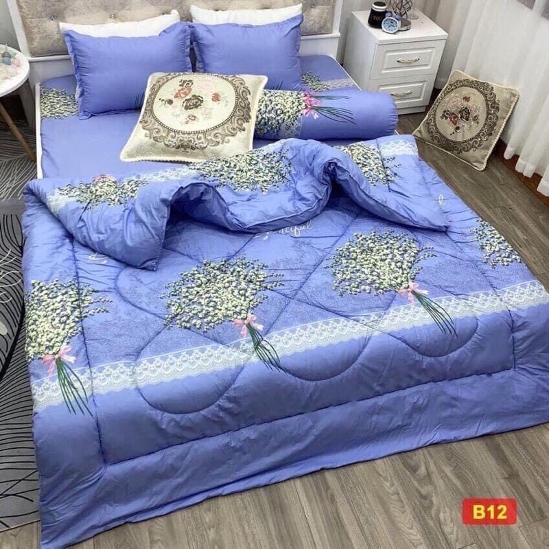 Chăn phao poly cotton trọn bộ 5 món ,chăn có ruột bông dày mềm mịn loại 1