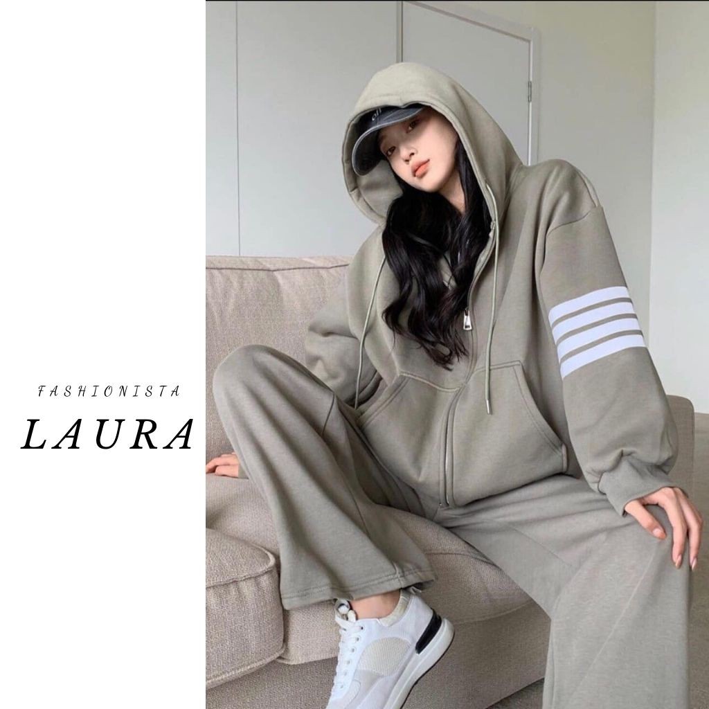 Set áo khoác nỉ  có khóa sọc tay dáng rộng kèm quần nỉ jogger Laura Boutique | BigBuy360 - bigbuy360.vn