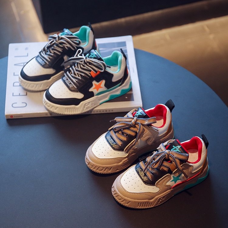 Giày thể thao bé trai bé gái, Giày Sneakers chất da PU siêu mềm dây rút đế cao su chống trơn gắn hình ngôi sao YNN85