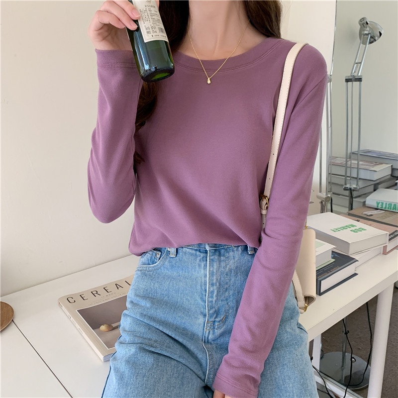 Áo thun NZN tay dài cổ tròn màu trơn thời trang Hàn Quốc cho nữ