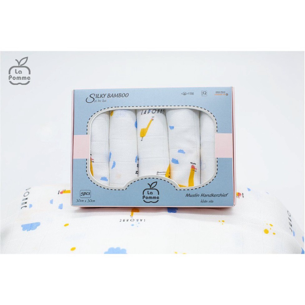 Khăn sữa sợi tre cho bé La pomme hộp 5 chiếc kích thước 30cmx30cm mềm mịn thấm hút