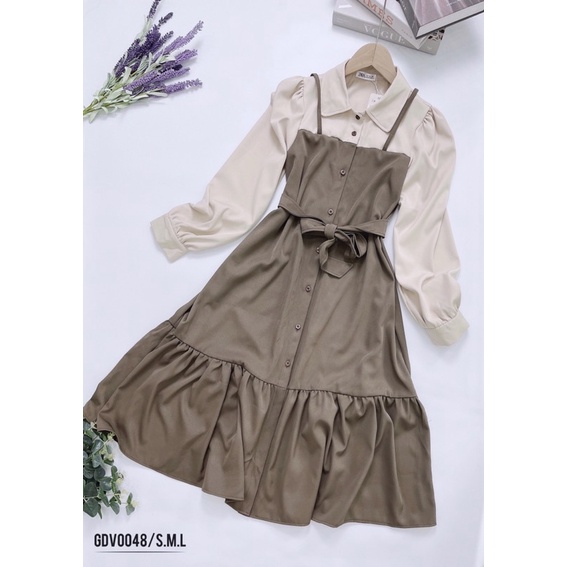 Bán sỉ váy xoè đuôi cá vintage kèm đai màu nâu dài 103cm