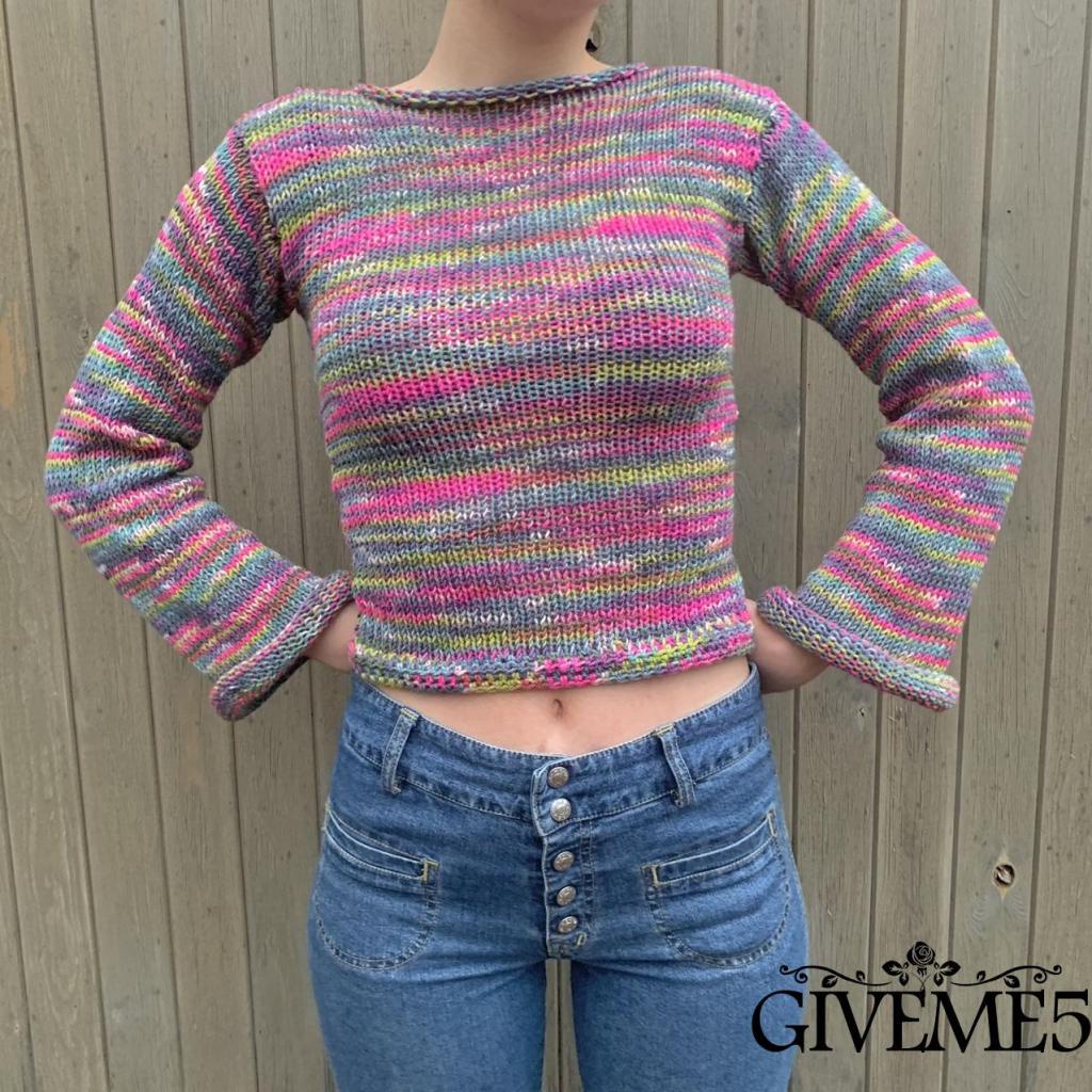 Áo sweater dệt kim tay dài cổ tròn màu sắc cầu vồng thời trang mùa thu cho nữ