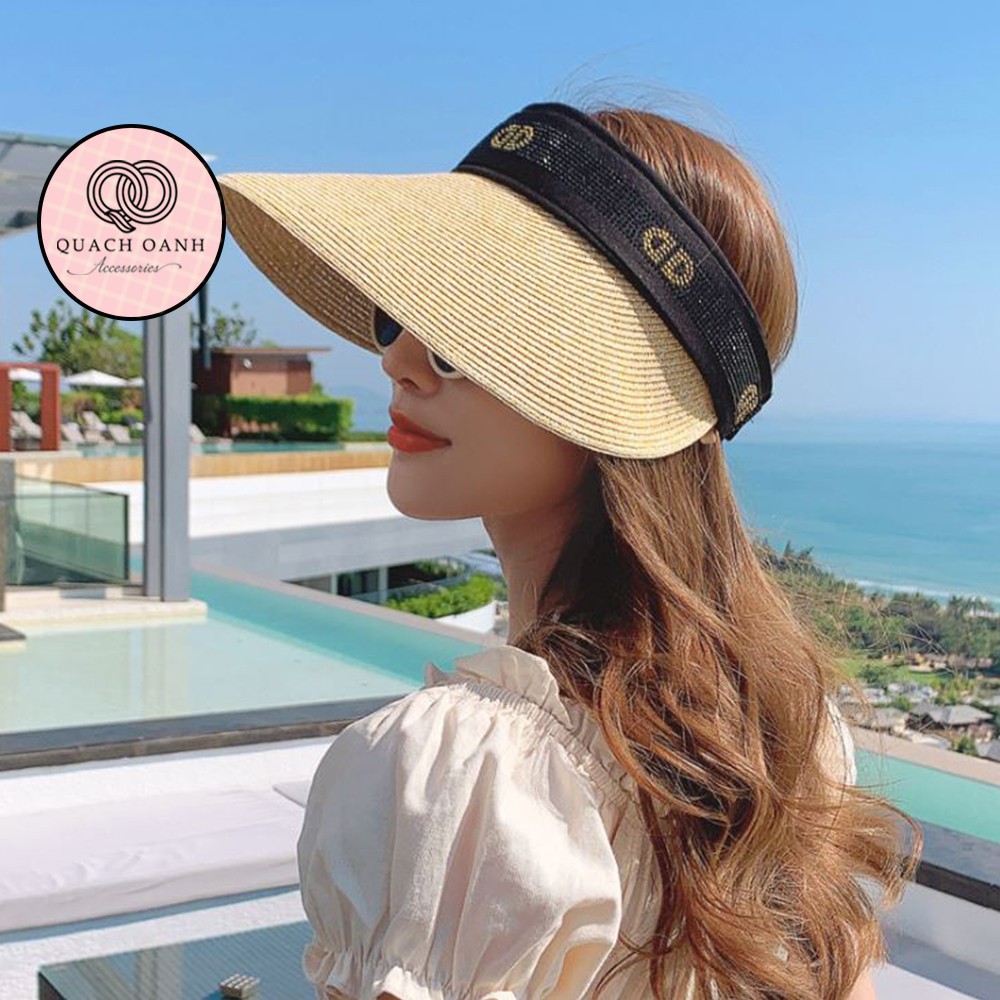 Mũ cói mềm, nón cói đi biển vành rộng nửa đầu phối viền đính hạt nhỏ mùa hè chống nắng – MU93