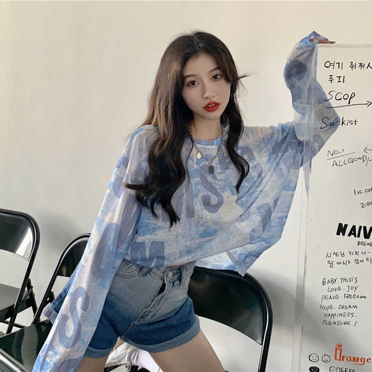 Áo thun tay dài dáng rộng chống nắng phối màu nhuộm cá tính cho nữ