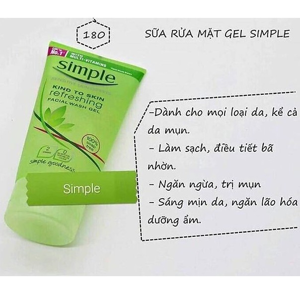 Sữa Rửa Mặt Dạng Gel Simple Kind To Skin Refreshing Facial Wash Gel