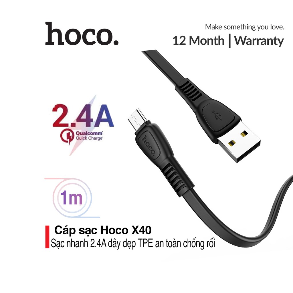 Cáp sạc nhanh và truyền dữ liệu Micro USB Hoco X40, sạc nhanh 2.4A MAX, dây sạc dẹt chống rối, chống đứt dài 100cm