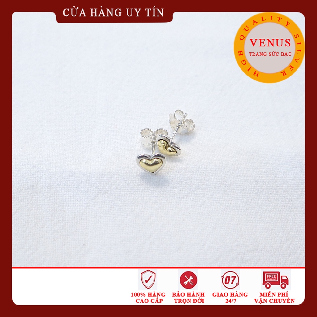 [ Hàng cao cấp] Bông tai tim vàng- Trang sức bạc Venus