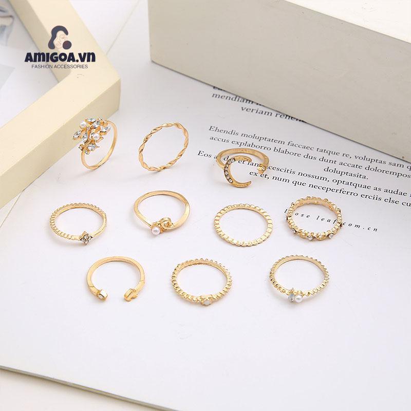 ✨✨set10 Nhẫn Đeo Tay Kim Loại Đính Đá Thời Trang Cho Nữ