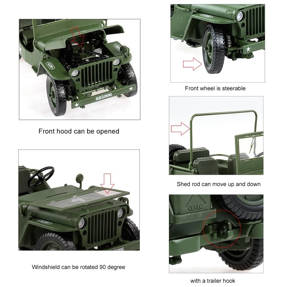 [ Cam kết sản phẩm y hình, uy tín, chất lượng ] Mô hình hợp kim xe JEEP quận sự, tỉ lệ 1:18, màu xanh rêu, kích thước lớ