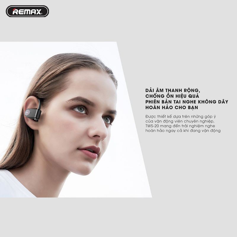 Tai nghe thể thao True Wireless thể thao Remax TWS 20 bluetooth 5.0, có chống nước 2 kênh kết nối song song