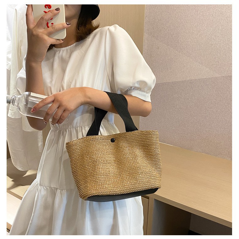 Túi Cói Xách Tay Thời Trang Đi Biển 2 Lớp Quai Vải Phong Cách Vintage