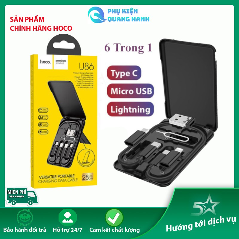 Cáp sạc đa năng 6 in 1 có tặng kèm hộp lưu trữ tiện dụng kiêm giá đỡ điện thoại Hoco U86