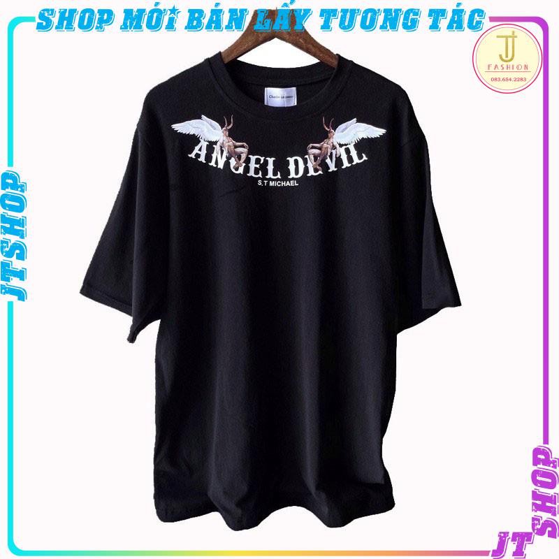 Áo thun unisex tay lỡ form rộng Angel Devil , áo thun cotton nam nữ unisex,JTSHOP