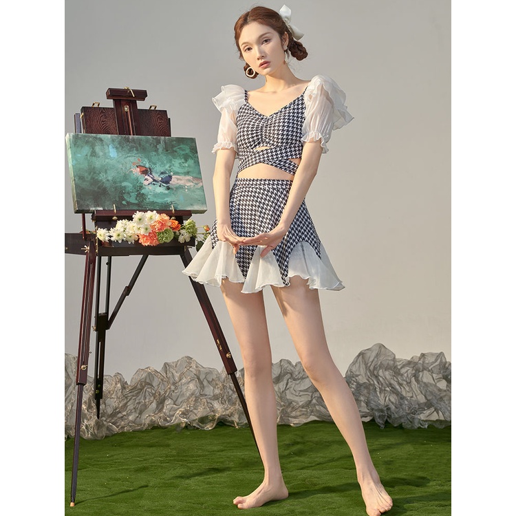Bộ đồ bơi nữ bikini đi biển croptop cộc tay váy quần caro viền voan kín đáo tôn dáng phong cách kawaii nhật bản
