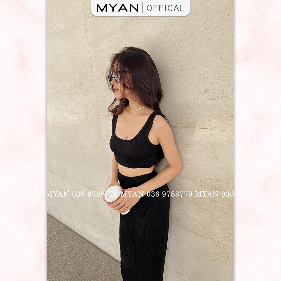 Set Áo Croptop 3 Lỗ + Chân Váy Body MYAN Thiết Kế Chất Thun Co Giãn Siêu Tôn Dáng (Xanh, Đen, Kem, Xanh, Vàng) Svn052201