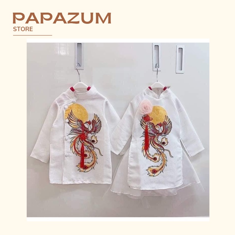 Áo dài cách tân họa tiết rồng phượng chất gấm nhung cho bé đi chúc tết PAPAZUM SE1089