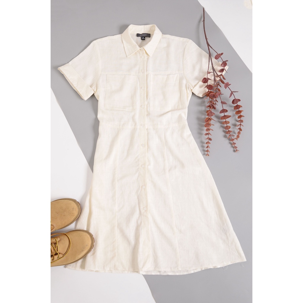 Đầm PRIMARK chất vải linen cổ sơmi 2 túi hàng nút trước dáng chữ A nhúng thun eo sau