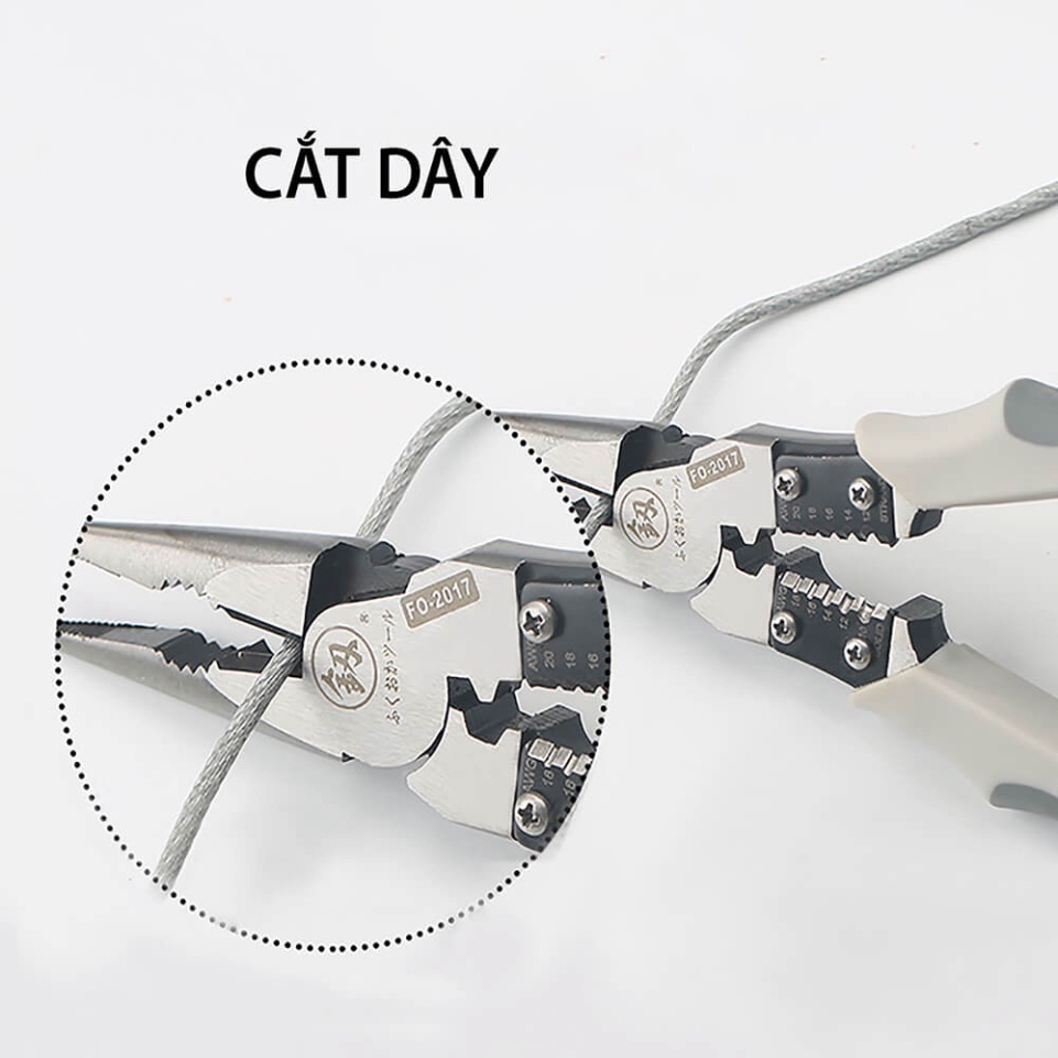 ⚜️Qùa Tặng ⚜️ Kìm, kiềm nhọn đa năng cao cấp Nhật Bản 5 trong 1 FUKUOKA FO-2017 8inch/220mm (Kẹp-Cắt-Uốn-Cuộn-Tuốt dây)