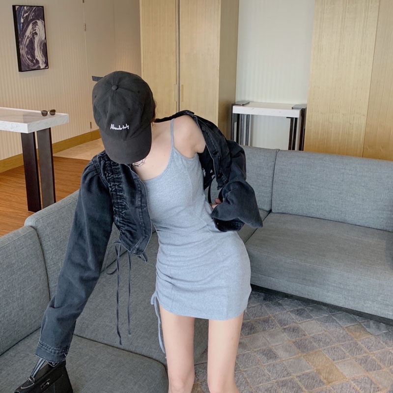 Áo khoác Denim dáng ngắn phối dây rút thời trang mùa thu cho nữ