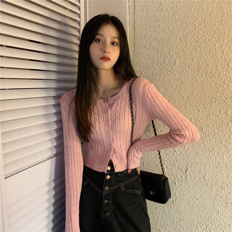 áo len gân khuy tay dài dáng Croptop - áo Len khuy vặn thừng