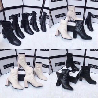 [Boot nữ da lì nhăn lửng cao gót][Bốt nữ lửng nhăn nhún da lì mềm lót lông mũi vuông gót vuông cao 7 phân]