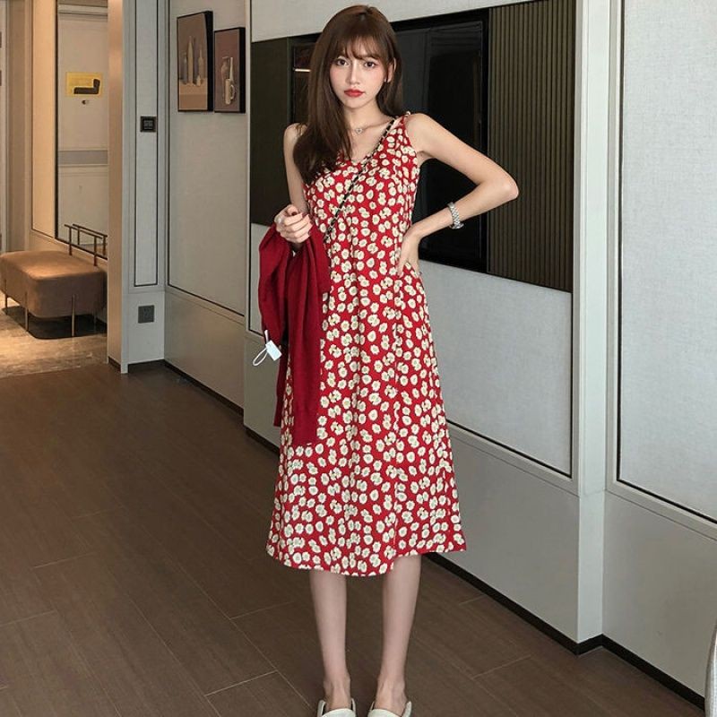 Đầm hai dây hoa cúc màu đỏ Jameela