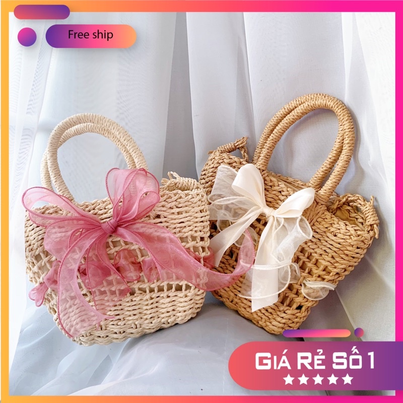 Túi cói mini đan thưa phối nơ xinh xắn đi biển picnic chụp ảnh - Tiệm Cói Cô Lê
