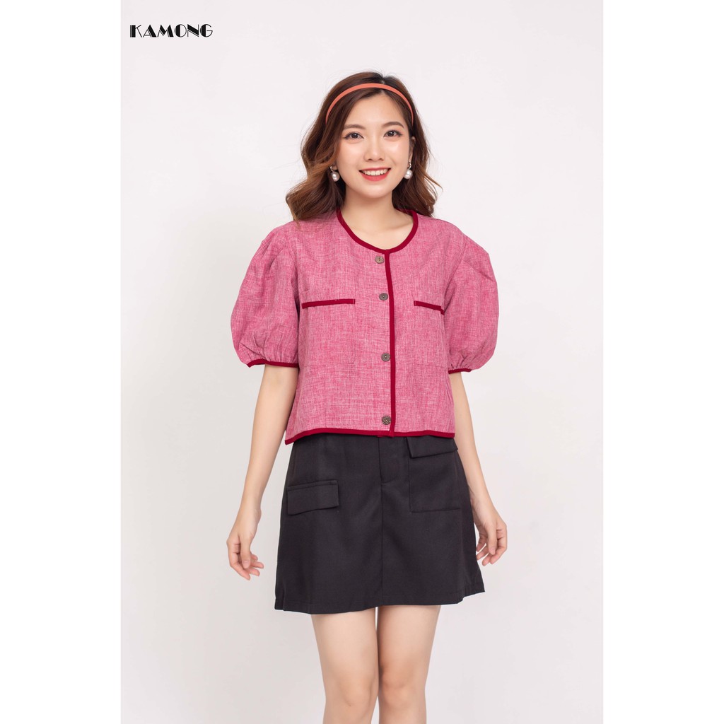 Áo kiểu phối viền xếp ly tay KAMONG A061