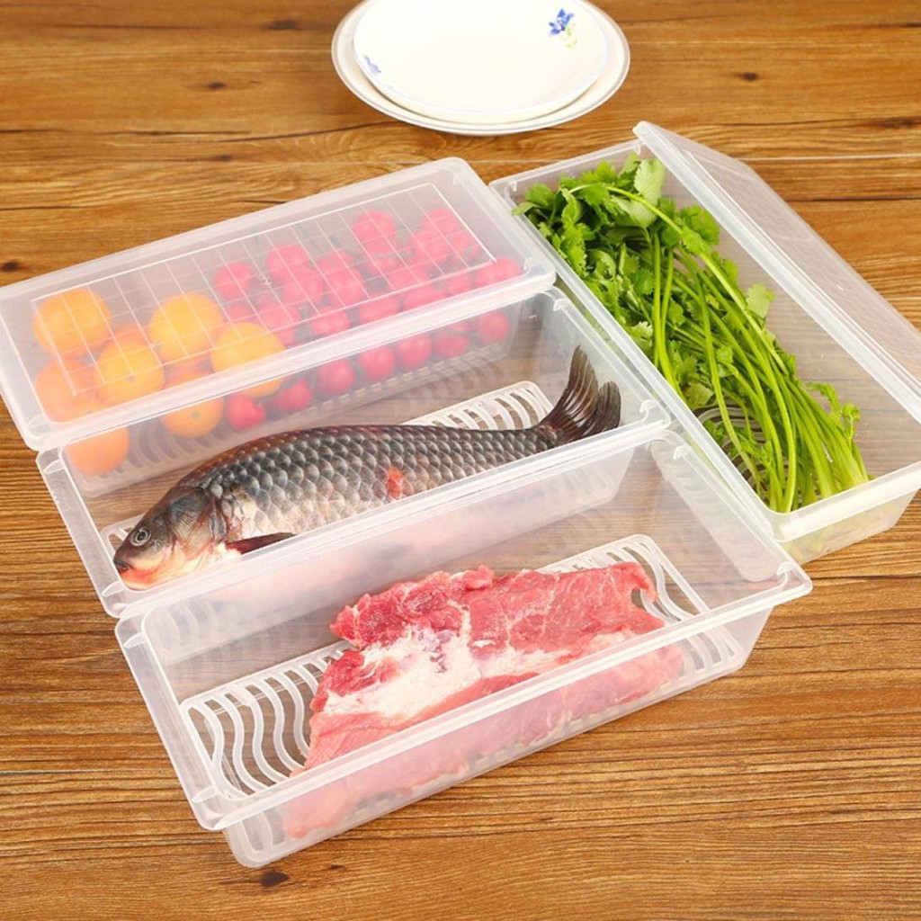 Hộp nhựa có lưới và có nắp dạng dài 27x10cm cao 6,6cm đựng thực phẩm rau thịt cá. Sx tại Nhật. D125