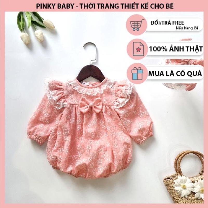 Body Dài Tay Ren Hồng Cho Bé Gái Sơ Sinh 0-12 Tháng Kèm Turban, Bodysuit Thiết Kế, Quà Đầy Tháng, Đầm Thôi Nôi